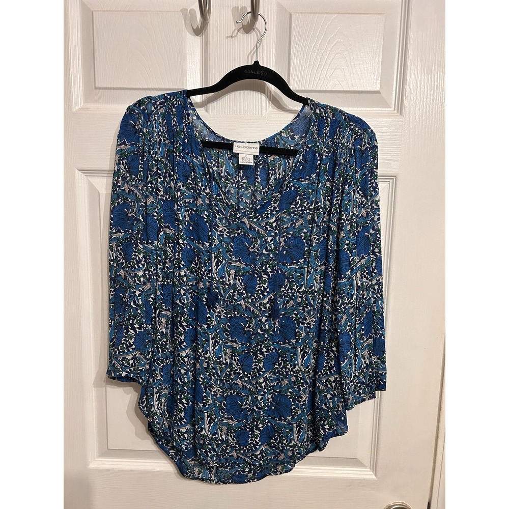 Liz Claiborne Womens Large‎ Blouse 3/4 Sleeve V-Neck Shirt Top Floral Blue Cord